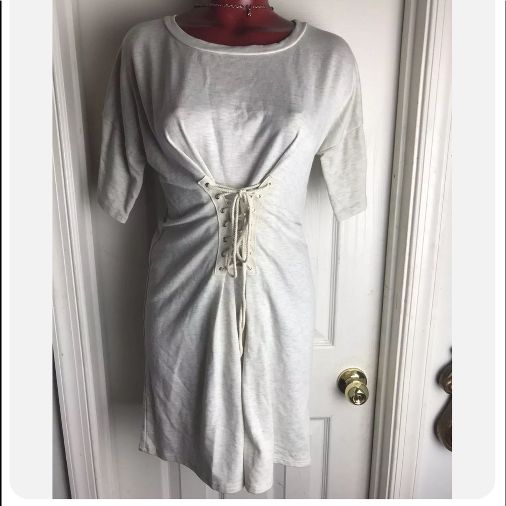 CUTE POTTER'S POT  GRAY BLOUSE TUNIC TOP - LACE UP WAIST DESIGN - SIZE MEDIUM M